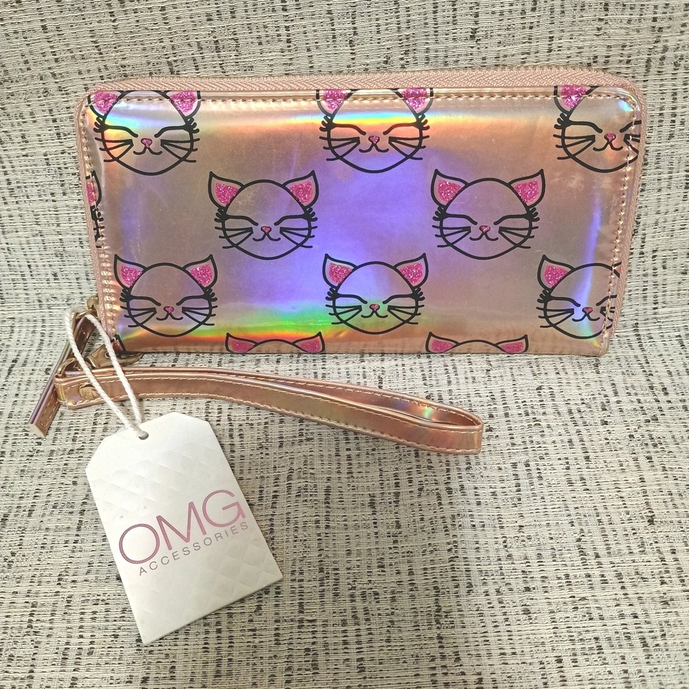OMG Accessory Holographic Rose Gold Pink Glitter Cat Zip Around Wristlet Wallet